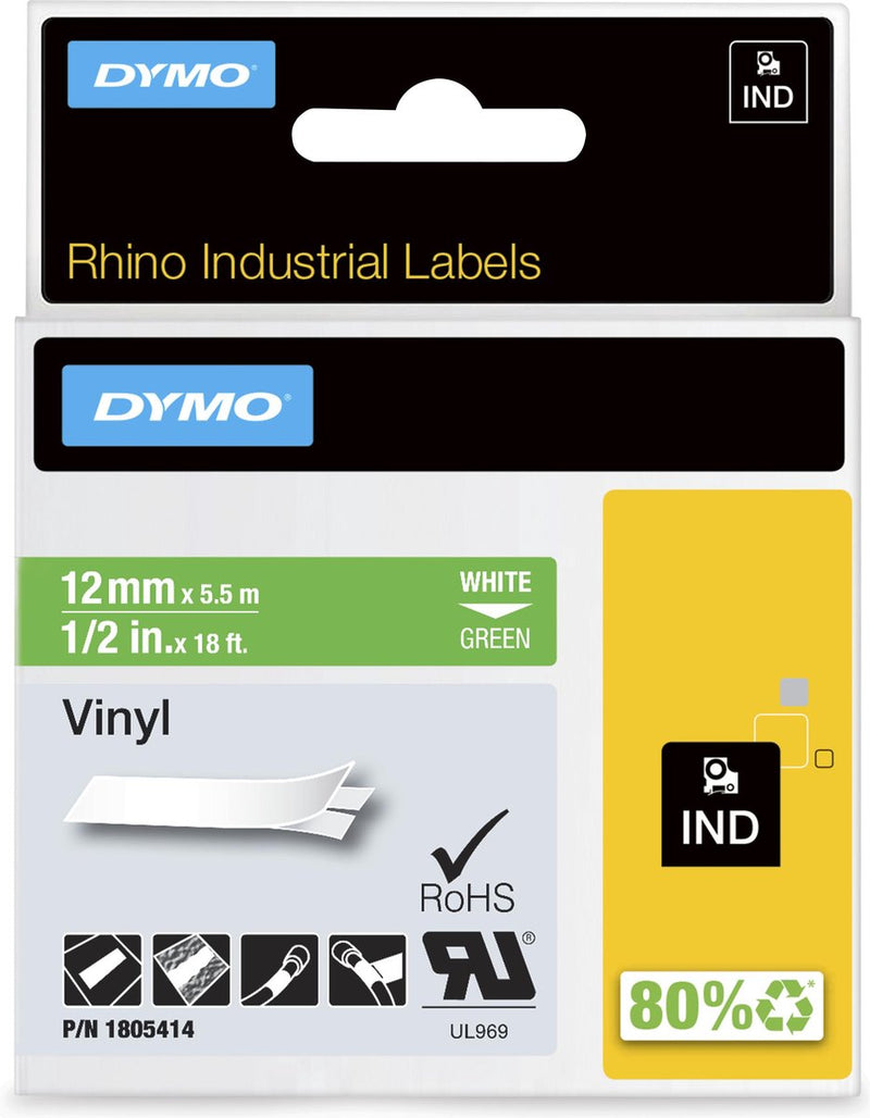 Etichette in vinile industriale Dymo rinoceronte | 12 mm x 5,5 m | stampa bianca su verde | etichette autoadesive per stampanti di etichette rhino label manager