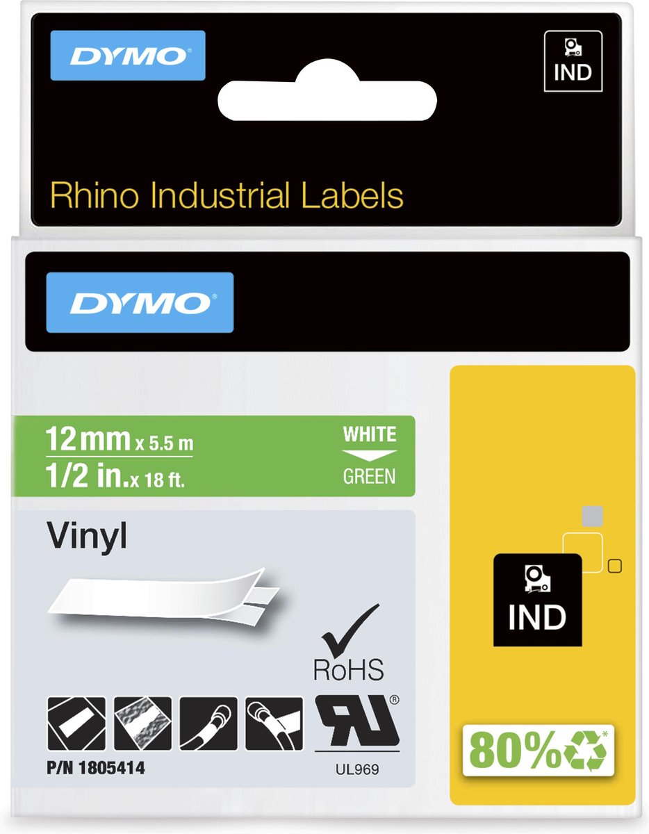 Etichette in vinile industriale Dymo rinoceronte | 12 mm x 5,5 m | stampa bianca su verde | etichette autoadesive per stampanti di etichette rhino label manager