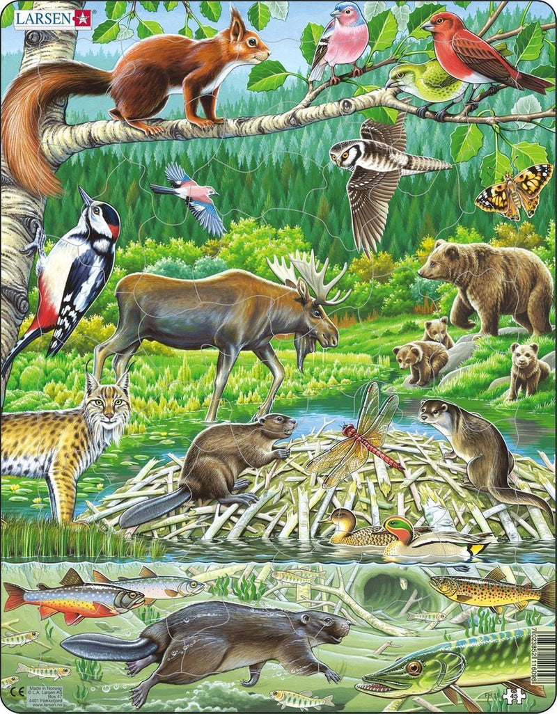 Larsen una giornata estiva in una foresta scandinava - puzzle - animali - foreste scandinave - puzzle educativo per bambini - 45 pezzi - prodotto in Norvegia - pezzi extra spessi 2,5 mm - vassoio con bordo fisso