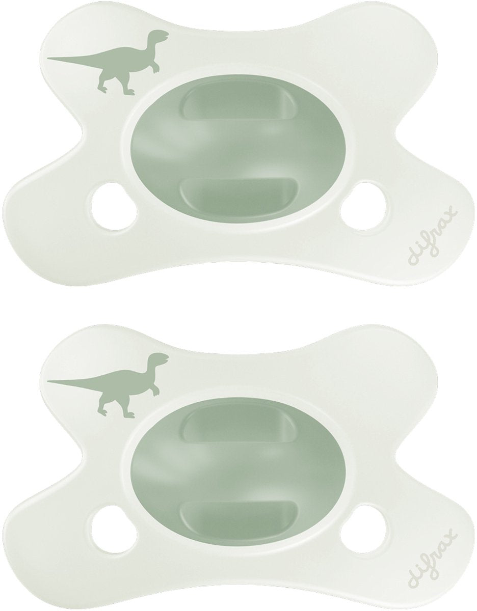 Chupete natural Difrax - 0 a 6 meses - dinosaurio - estampado dinosaurio verde - 2 piezas