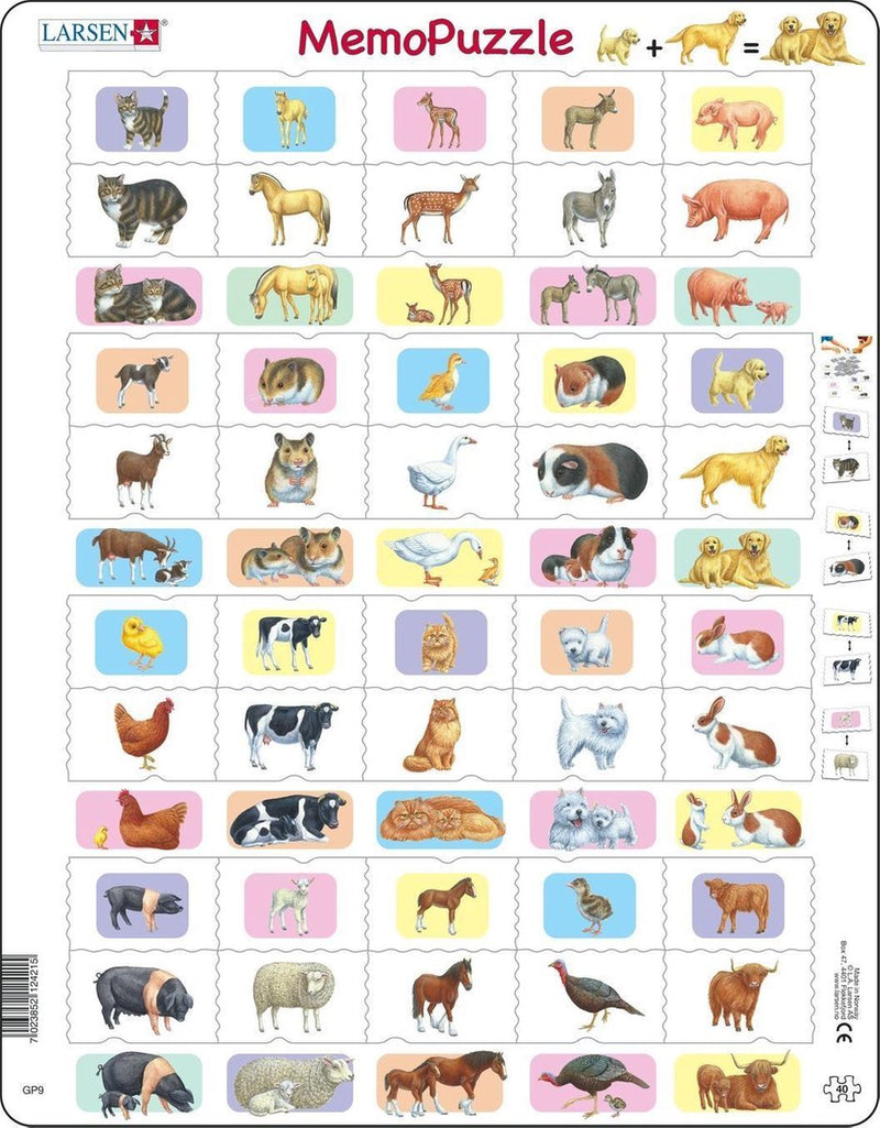 Larsen genitori e bambini - puzzle - animali - animali giovani - puzzle educativo per bambini - 40 pezzi - prodotto in Norvegia - pezzi extra spessi 2,5 mm - vassoio con bordo fisso