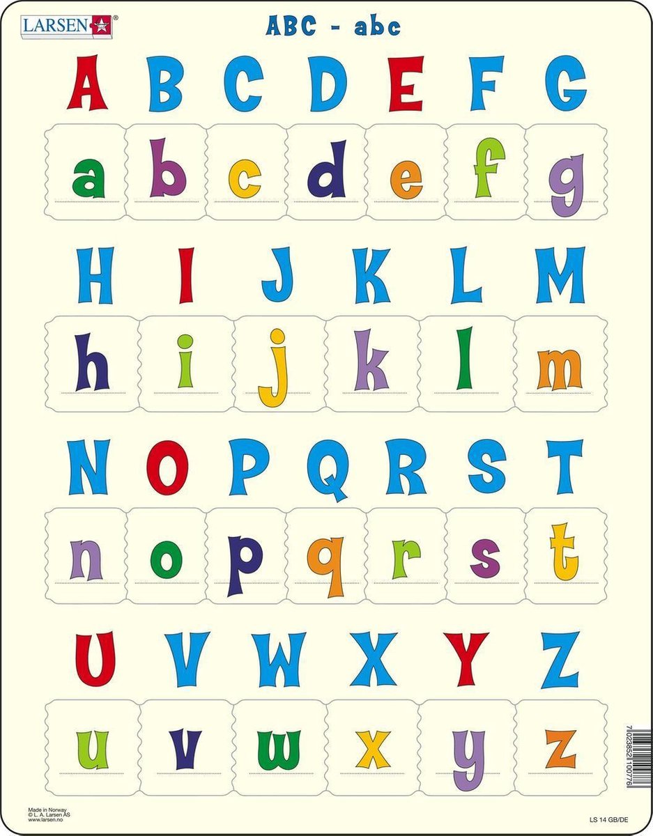Lettere maiuscole e minuscole Larsen - puzzle - imparare a leggere - lettere - puzzle educativo per bambini - 26 pezzi - prodotto in Norvegia - pezzi extra spessi 2,5 mm - vassoio con bordo fisso