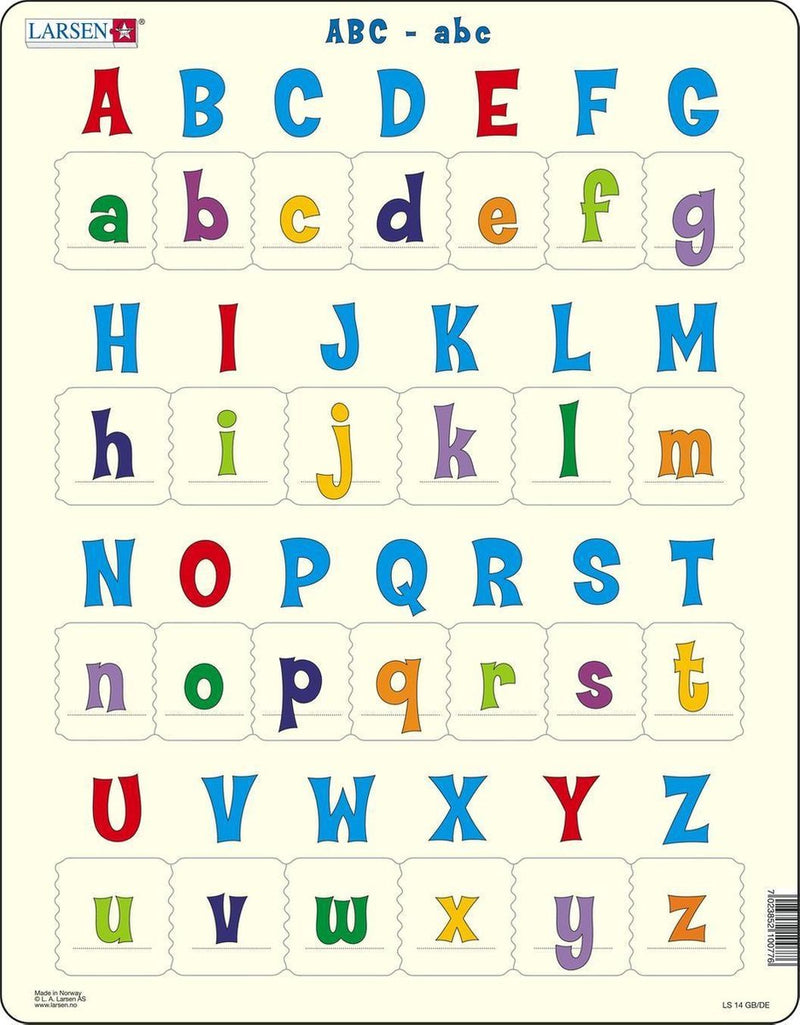 Larsen letras mayúsculas y minúsculas - rompecabezas - aprender a leer - letras - rompecabezas educativo para niños - 26 piezas - fabricado en Noruega - piezas extra gruesas de 2,5 mm - bandeja con borde fijo
