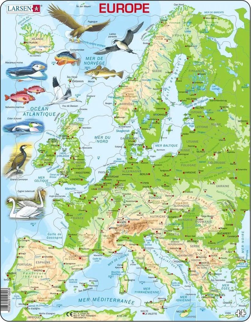 Larsen carte topographique de l'europe – puzzle – europa – geografía física – puzzle éducatif pour enfants – 87 piezas – fabriqué en norvège – piezas extra épaisses de 2,5 mm – meseta con placa fija