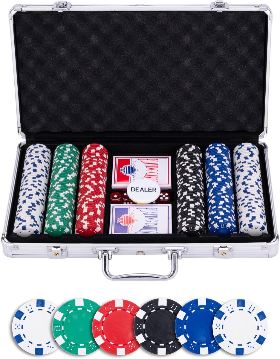 Longfield pokerset in zilveren koffer met 300 chips (11,5 g) – compleet met kaarten, dealer buttons dobbelstenen – engelhart