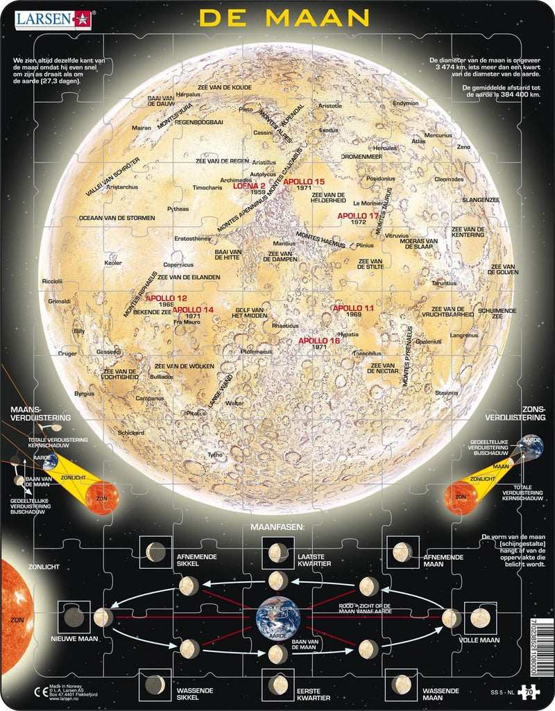 Larsen la luna – puzzle – scienza spaziale – luna – puzzle educativo per bambini – 70 pezzi – prodotto in Norvegia – pezzi extra spessi 2,5 mm – vassoio con bordo fisso