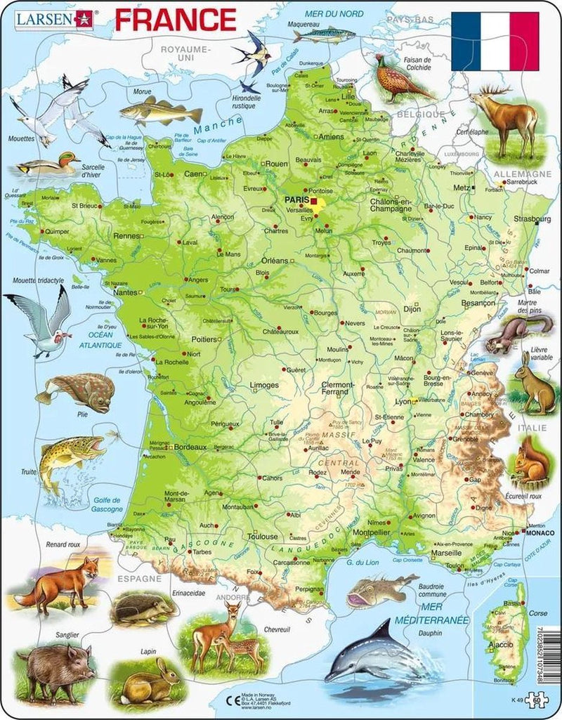 Larsen carte physique de la france – puzzle – france – géographie physique – puzzle éducatif pour enfants – 60 pezzi – fabriqué en norvège – pezzi extra épaisses de 2.5 mm – plateau con bordo fisso