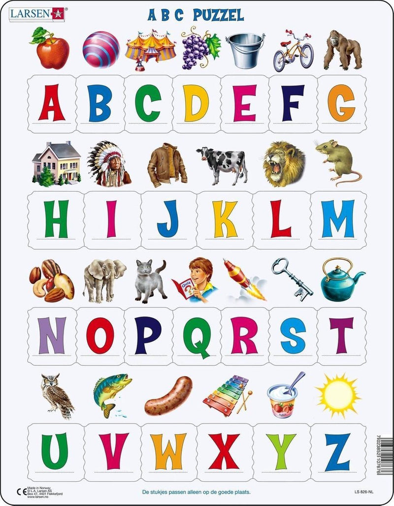 Larsen ABC con imágenes - rompecabezas - aprender a leer - alfabeto - rompecabezas educativo para niños - 26 piezas - fabricado en Noruega - piezas extra gruesas de 2,5 mm - bandeja con borde fijo
