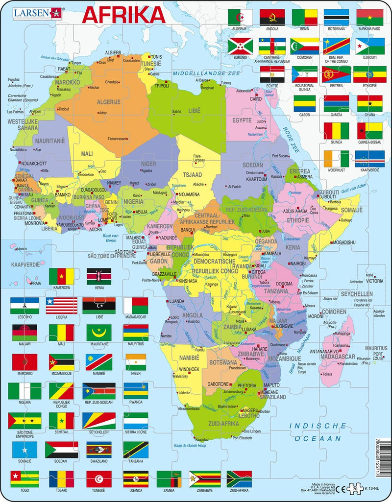 Larsen Africa con bandiere – puzzle – mappe geografiche – bandiere Africa – puzzle educativo per bambini – 70 pezzi – prodotto in Norvegia – pezzi extra spessi 2,5 mm – vassoio con bordo fisso