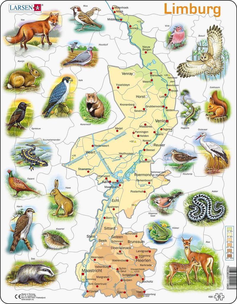Larsen Limburg con animali – puzzle – mappe geografiche – Paesi Bassi – puzzle educativo per bambini – 60 pezzi – prodotto in Norvegia – pezzi extra spessi 2,5 mm – vassoio con bordo fisso