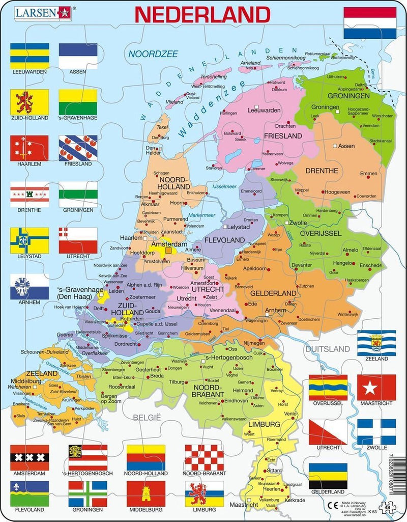 SelectA Larsen Pluzzle Map Nederland con province e bandiere, 48 °.