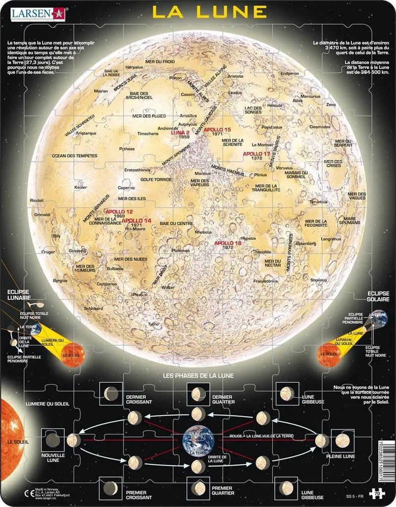 Larsen la lune – puzzle – espace – lune et astronomy – puzzle éducatif pour enfants – 70 pezzi – fabriqué en norvège – pezzi extra épaisses de 2.5 mm – plateau con piastra fissa