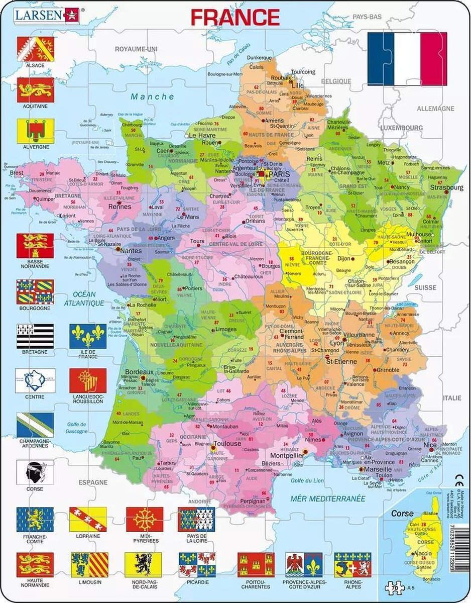 Larsen france carte politique – puzzle – france – régions et départements – puzzle éducatif pour enfants – 70 pieces – fabriqué en norvège – pieces extra épaisses de 2.5 mm – plateau with bord fixe