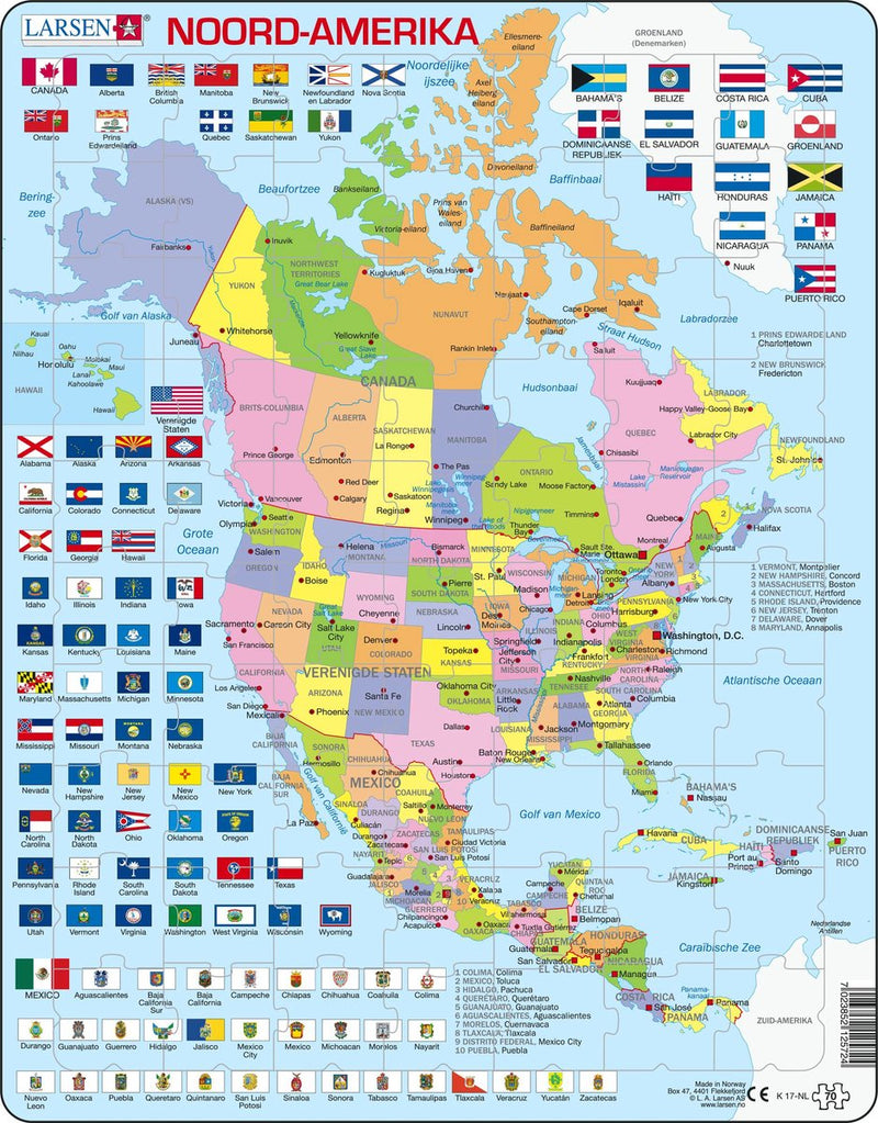 Selecta Larsen Pluzzle Map North, America con stati e bandiere, 70 °.