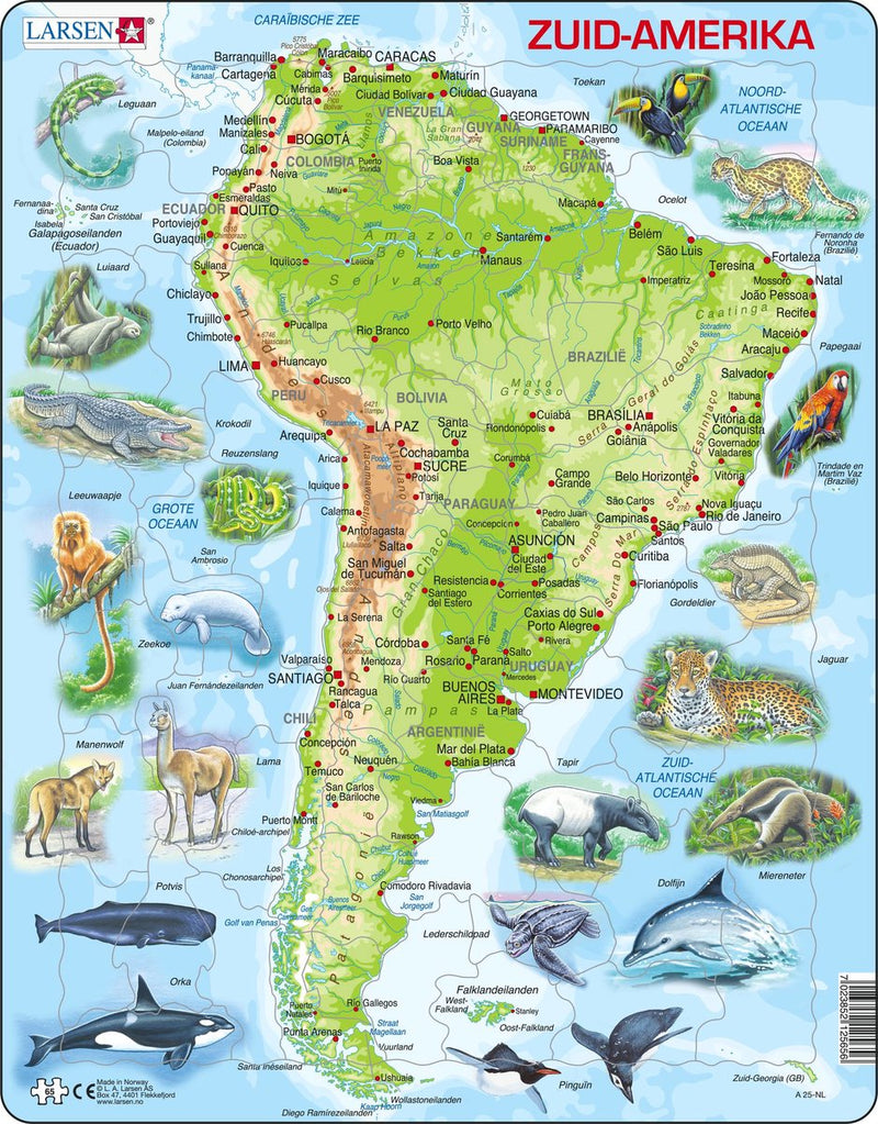 Selecta Larsen Pluzzle Map Sud, America Geografica con animali, 65st.