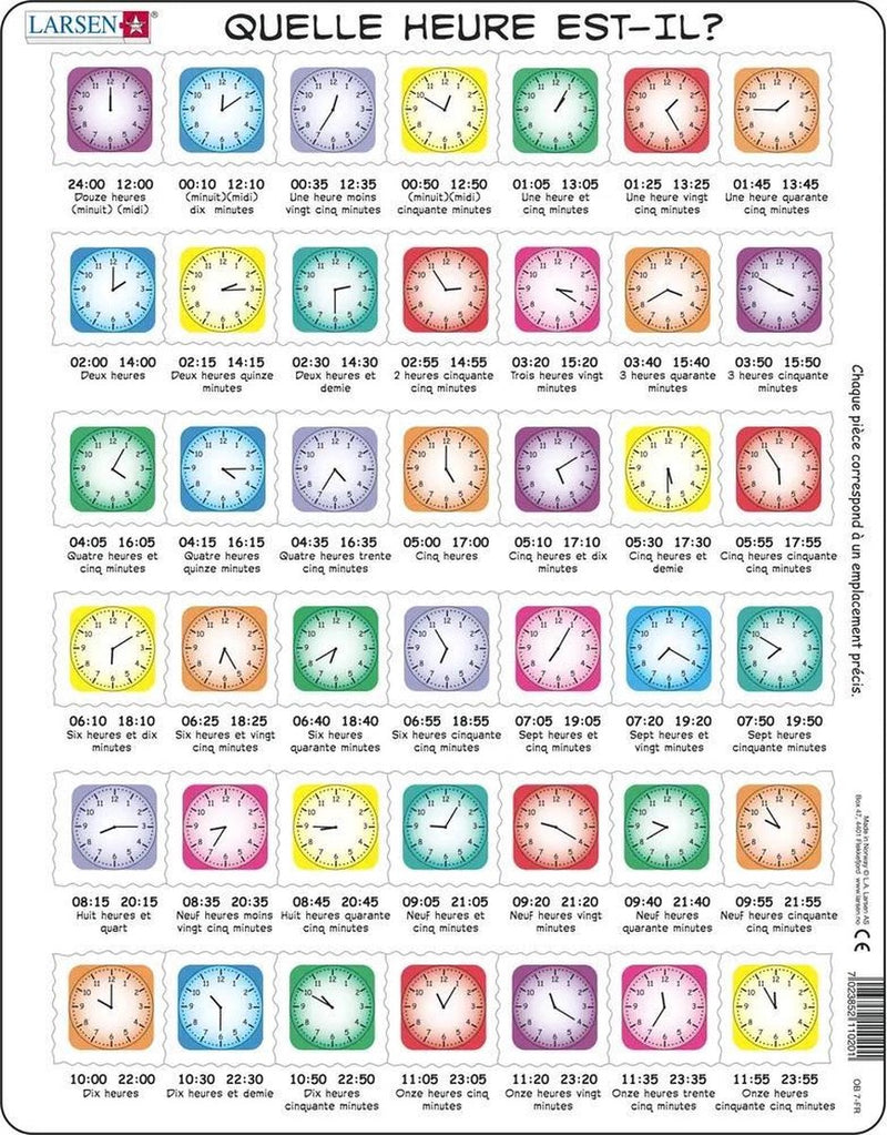 Larsen apprendre l'heure – puzzle – watch – lecture de l'heure – puzzle educativo per bambini – 42 pezzi – fabriqué en norvège – pezzi extra épaisses de 2.5 mm – plateau con bordo fisso