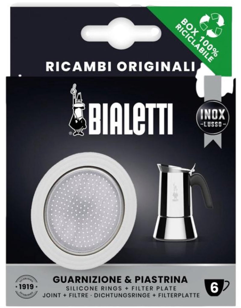 Placa filtrante Bialetti + anillo de silicona – apto para cafeteras eléctricas de acero inoxidable de 6 tazas – repuesto original