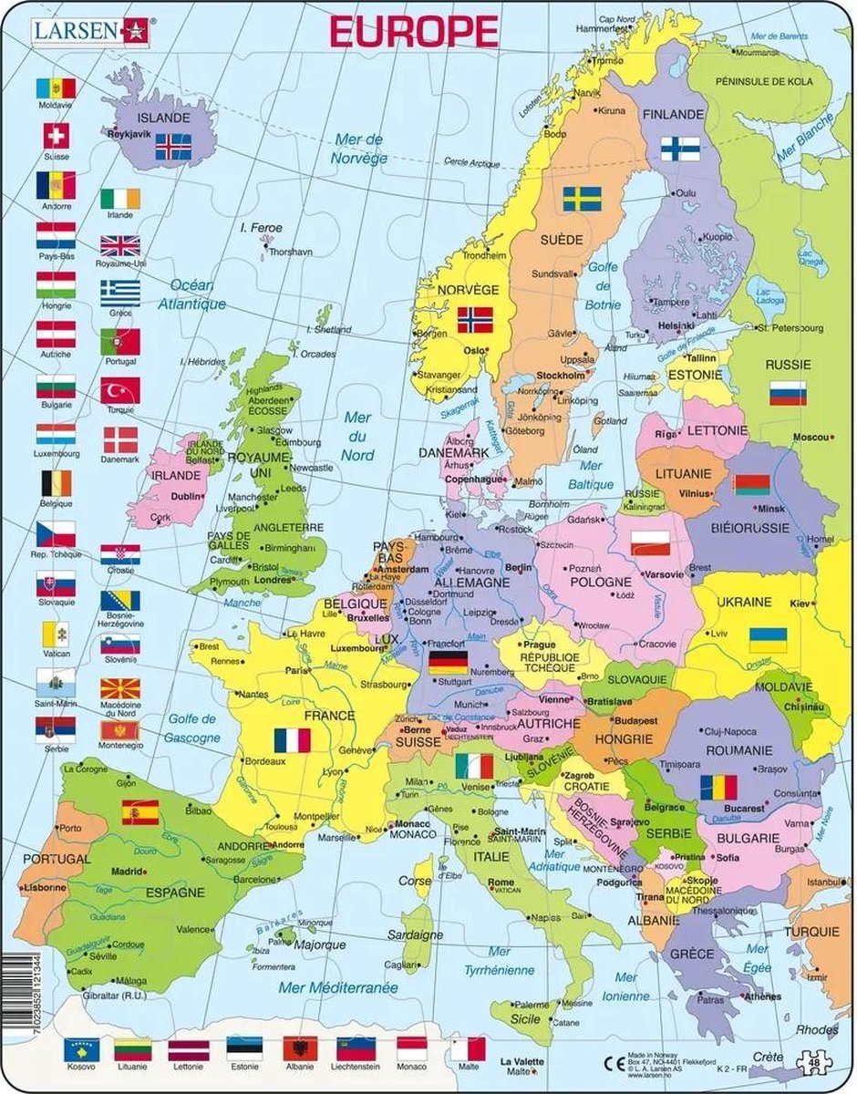 Larsen carte politique de l'europe – puzzle – europe – pays et drapeaux – puzzle éducatif pour enfants – 48 pieces – fabriqué en norvège – pieces extra épaisses de 2.5 mm – plateau with fixed plate