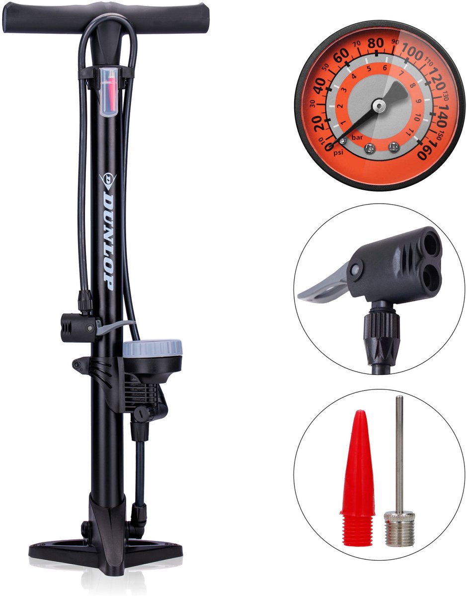 Versión de la bomba de bicicleta de Dunlop Medidor de impresión analógica Cabezal de válvula doble negro