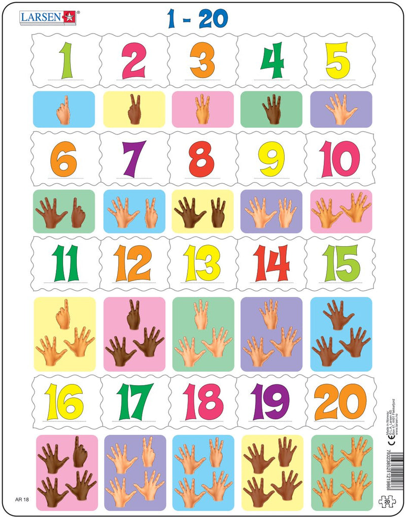 Larsen numeri 1-20 – puzzle – imparare a contare – numeri – puzzle educativo per bambini – 20 pezzi – prodotto in Norvegia – pezzi extra spessi 2,5 mm – vassoio con bordo fisso