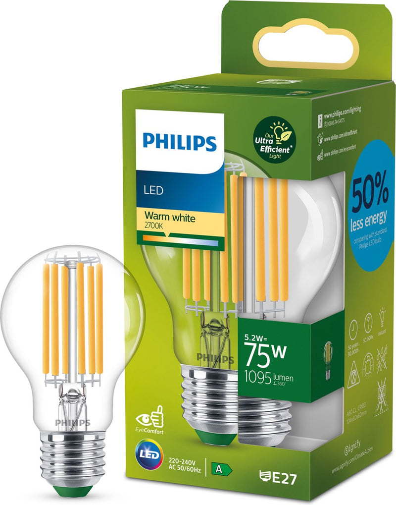 Philips LED Lampada LED ultraefficiente Philips - trasparente - 75w - attacco E27 - luce bianca calda: 2700k - risparmia sui costi energetici