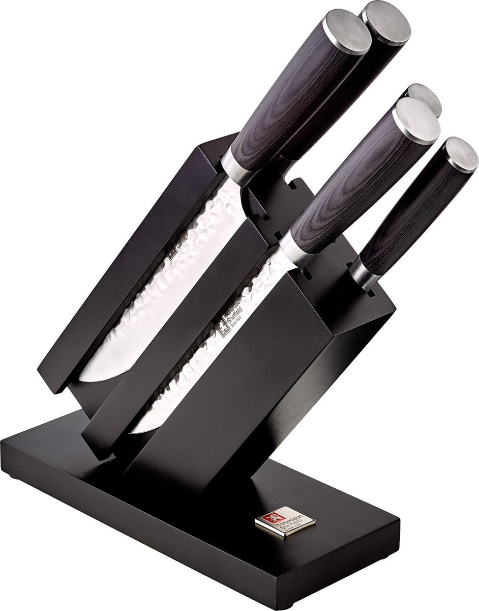 Richardson Sheffield - uta - set coltelli da 5 pezzi - incluso ceppo portacoltelli di design - coltelli martellati - legno pakka