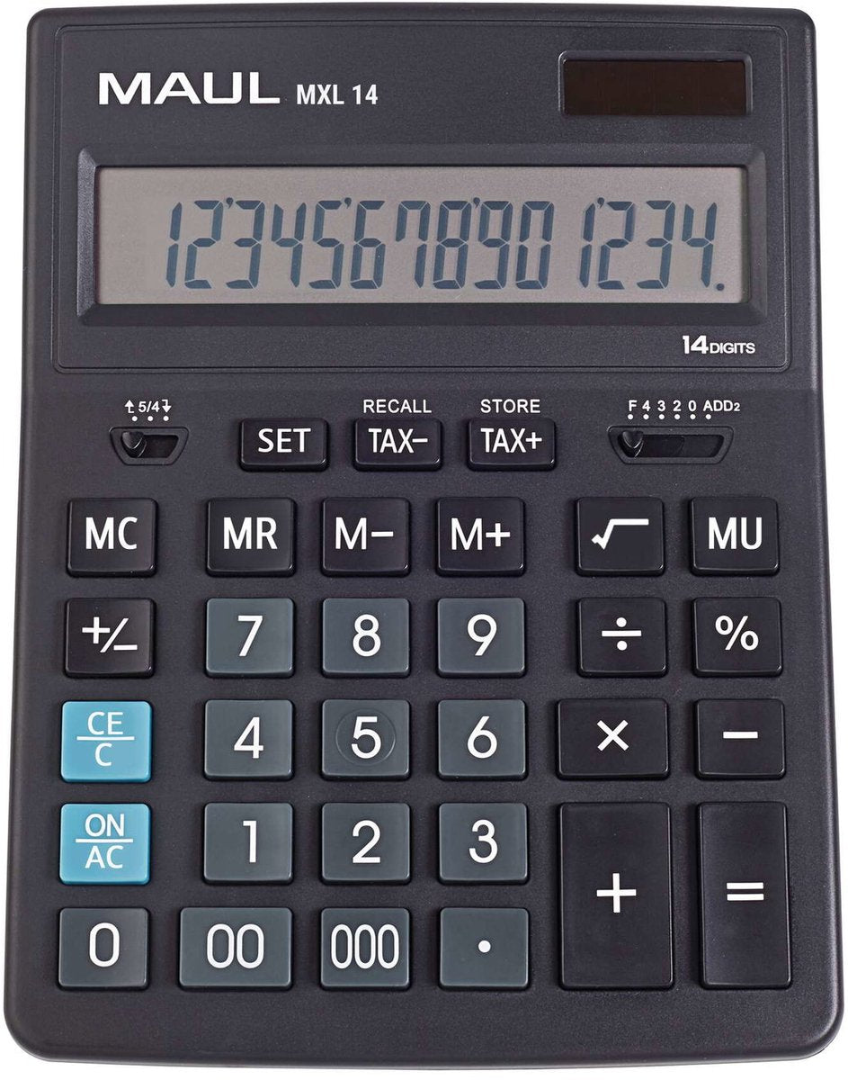 Calcolatrice da tavolo Maul mxl 14 schermo LCD 1 riga, 14 cifre batteria solare 20,5 x 15,5 x 3,5 cm nero