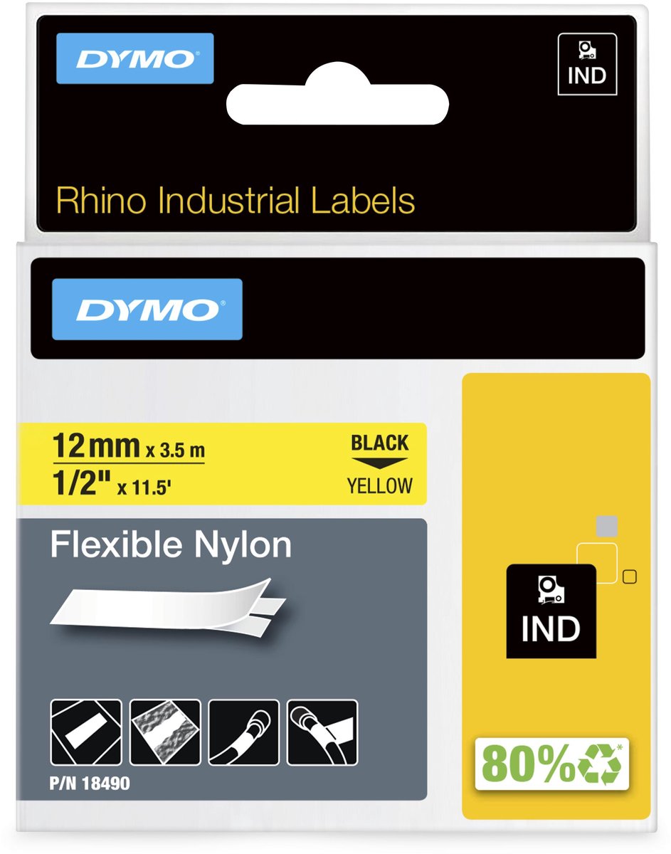 Etichette in nylon flessibile industriale Dymo rinoceronte | 12 mm x 3,5 m | stampa nera su giallo | etichette autoadesive per stampanti di etichette rhino label manager
