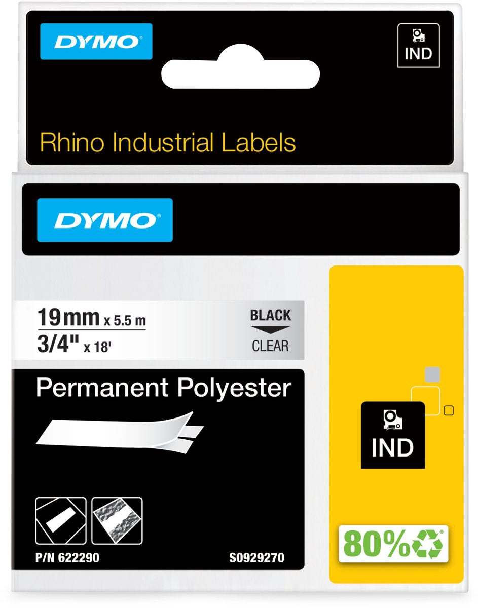 Dymo rhino industriële labels | permanent polyester | 19 mm x 3,5 m | zwarte afdruk op transparant | zelfklevende labels voor rhino labelmanager labelprinters