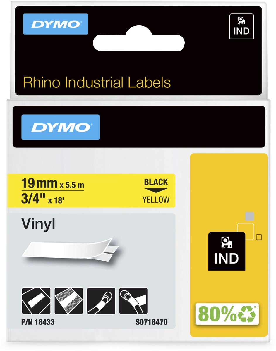 Dymo rhino industriële vinyl labels | 19 mm x 5,5 m | zwarte afdruk op geel | zelfklevende labels voor rhino labelmanager labelprinters