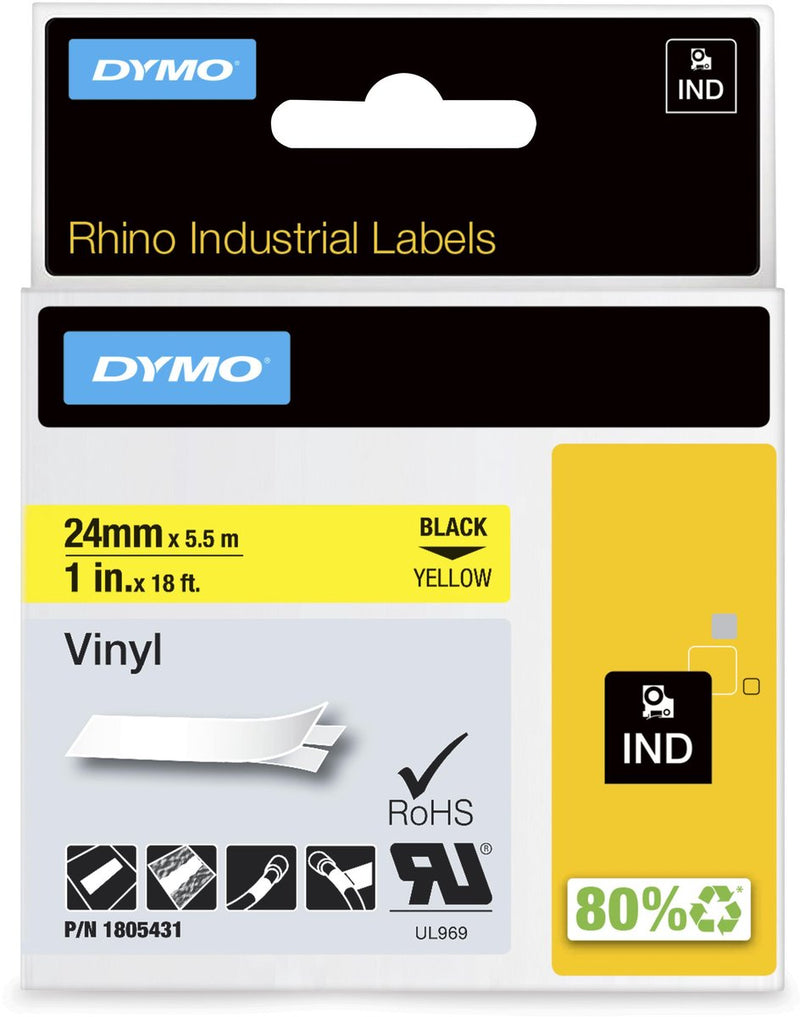 Etichette in vinile industriale Dymo rinoceronte | 24 mm x 5,5 m | stampa nera su giallo | etichette autoadesive per stampanti di etichette rhino label manager