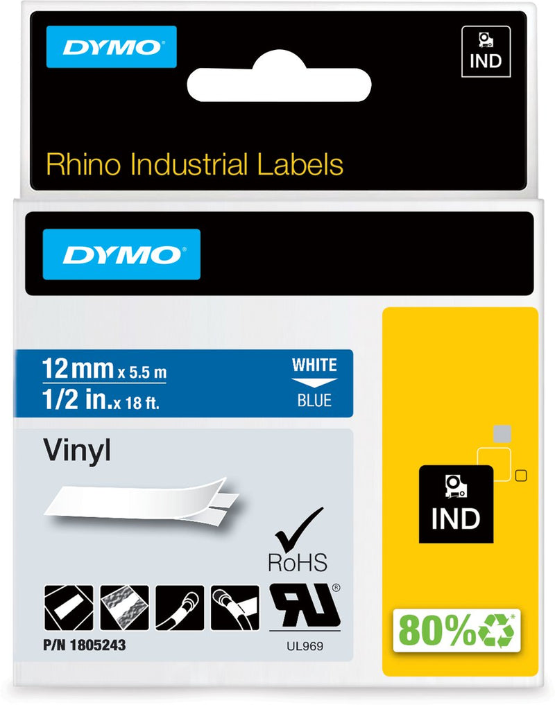 Etichette in vinile industriale Dymo rinoceronte | 12 mm x 5,5 m | stampa bianca su blu | etichette autoadesive per stampanti di etichette rhino label manager