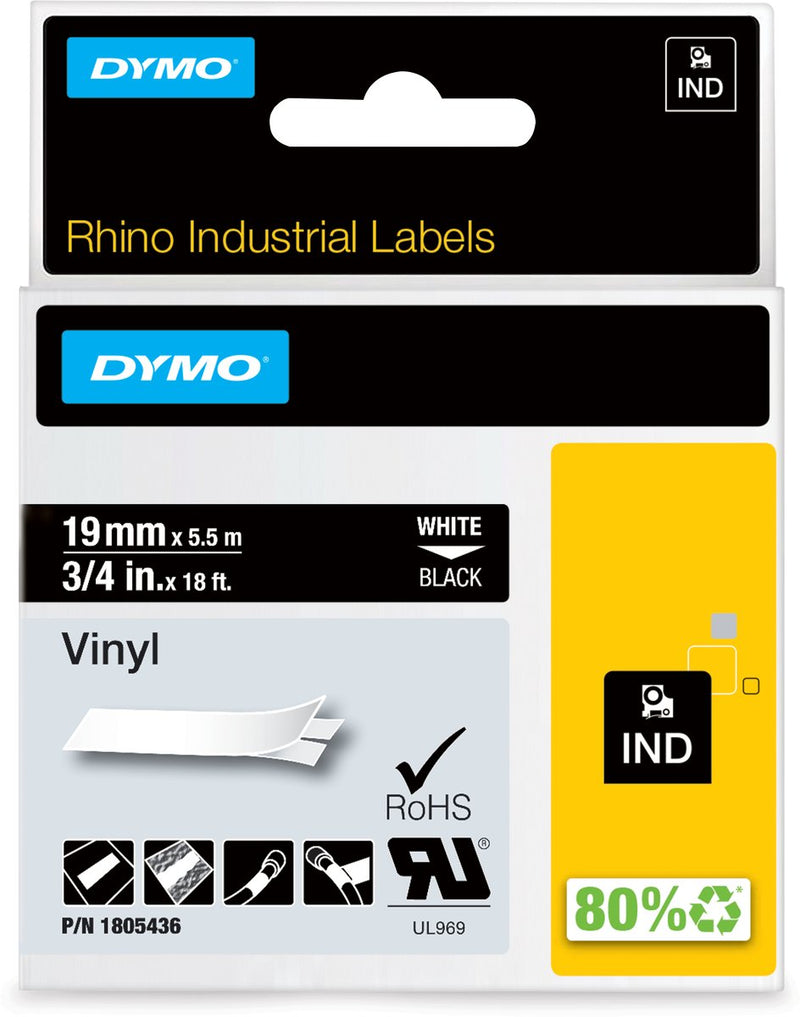 Etichette in vinile industriale Dymo rinoceronte | 19 mm x 5,5 m | stampa bianca su nero | etichette autoadesive per stampanti di etichette rhino label manager