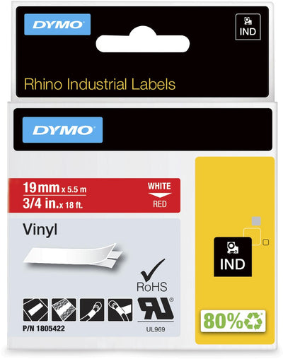 Etiquetas de vinilo industriales Dymo rhino | 19 mm x 5,5 m | impresión blanca sobre rojo | etiquetas autoadhesivas para impresoras de etiquetas rhino label manager