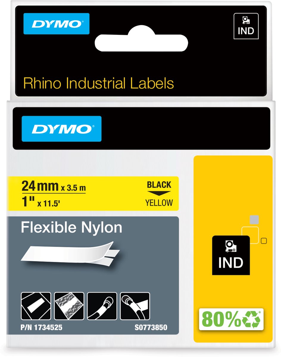 Etichette in nylon flessibile industriale Dymo rinoceronte | 24 mm x 3,5 m | stampa nera su giallo | etichette autoadesive per stampanti di etichette rhino label manager