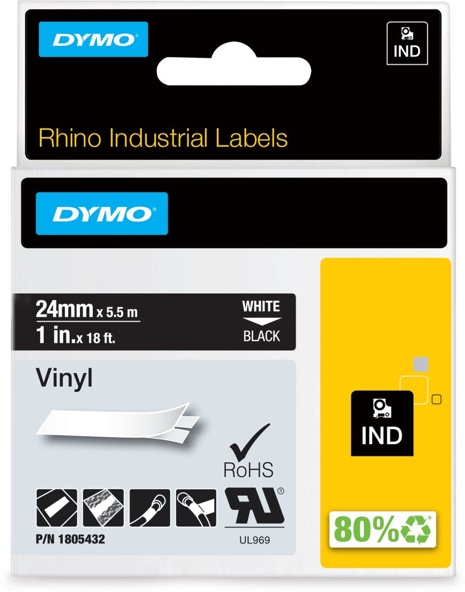 Etichette in vinile industriale Dymo rinoceronte | 24 mm x 5,5 m | stampa bianca su nero | etichette autoadesive per stampanti di etichette rhino label manager