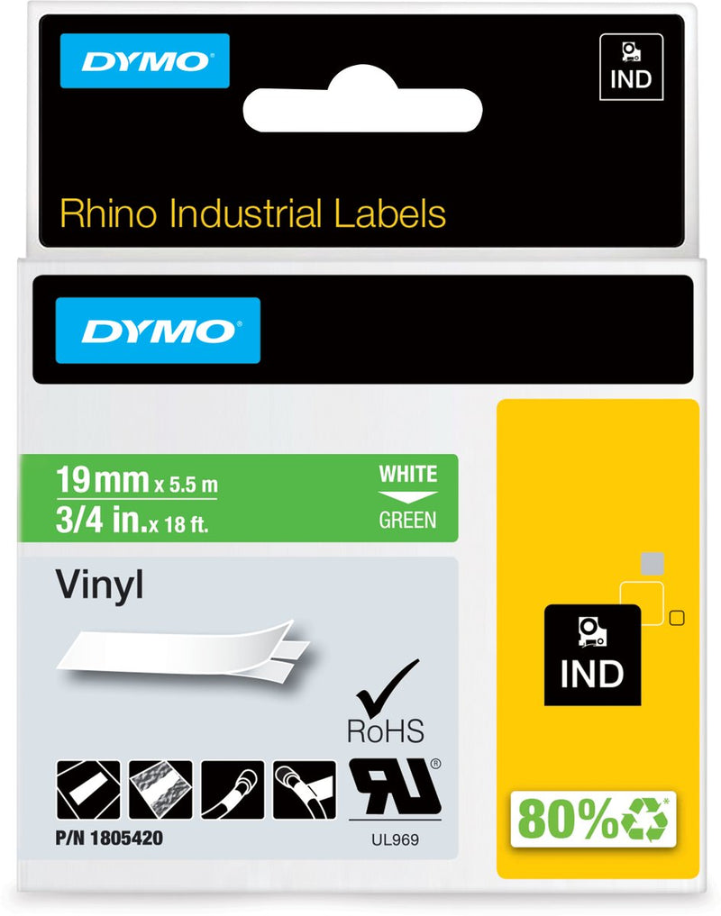 Etichette in vinile industriale Dymo rinoceronte | 19 mm x 5,5 m | stampa bianca su verde | etichette autoadesive per stampanti di etichette rhino label manager