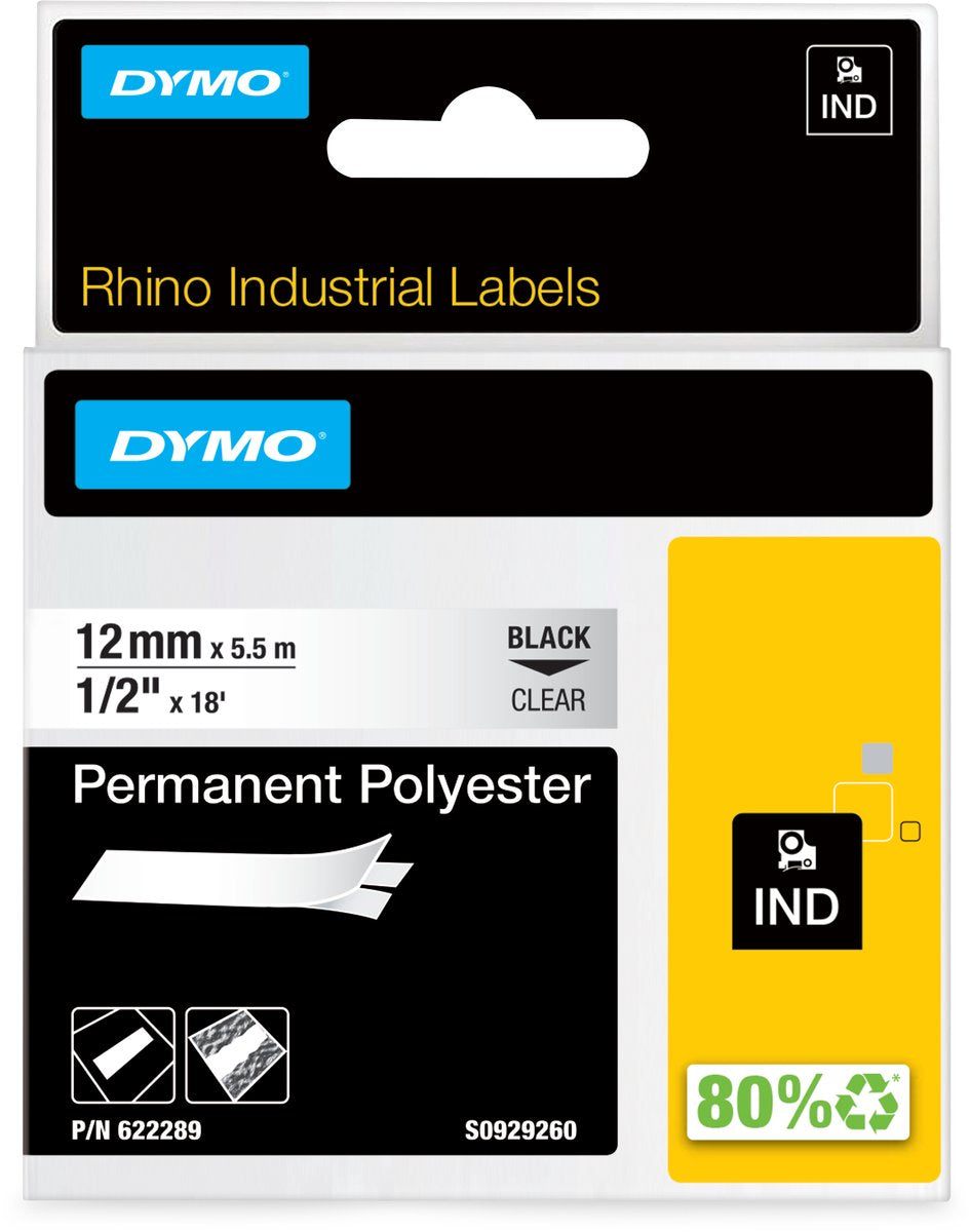 Dymo rhino industriële labels | permanent polyester | 12 mm x 3,5 m | zwarte afdruk op transparant | zelfklevende labels voor rhino labelmanager labelprinters