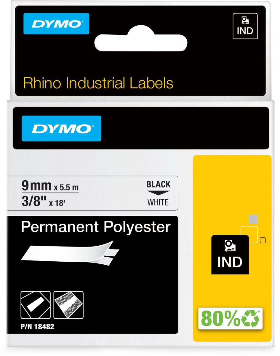 Dymo rhino industriële labels | permanent polyester | 9 mm x 3,5 m | zwarte afdruk op wit | zelfklevende labels voor rhino labelmanager labelprinters