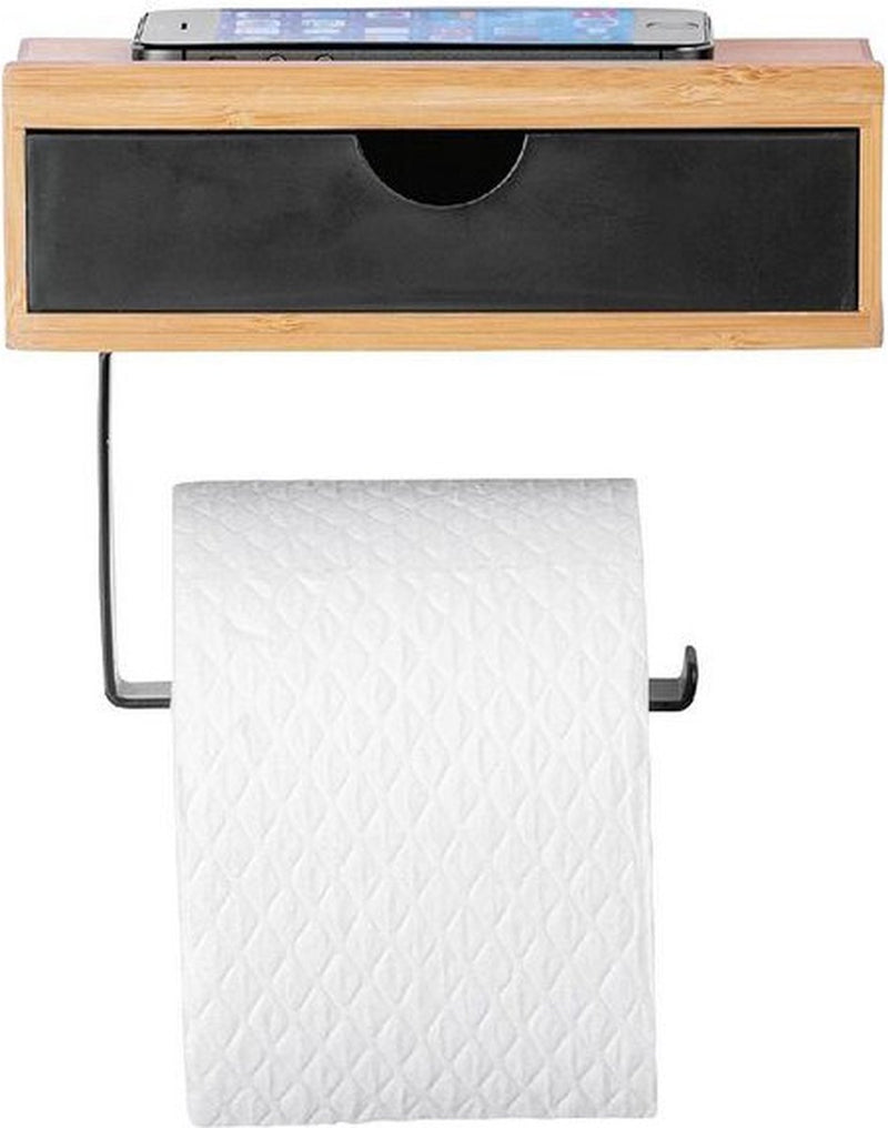 Wenco Portarrollos de papel higiénico wenko de bambú con práctico estante de bambú de alta calidad, cajón para paños húmedos, soporte para montaje en pared, incl. material de montaje, 18,5 x 14 x 10,5 cm, negro natural