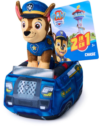 Paw Patrol - Vehículo de peluche Chase 2 en 1 - Peluche de 15,2 cm con coche de policía de peluche de 20,3 cm - Peluches