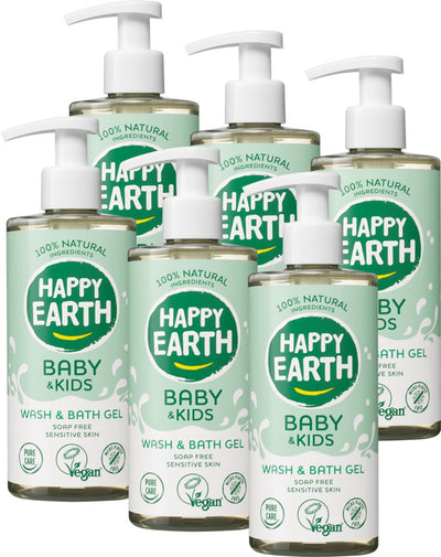 Happy earth bundle wash bath gel baby kids - 100% natural - microplastic free - 0% sls sles - baby care - soap free - suitable for newborns - 6 x 300ml - value pack
