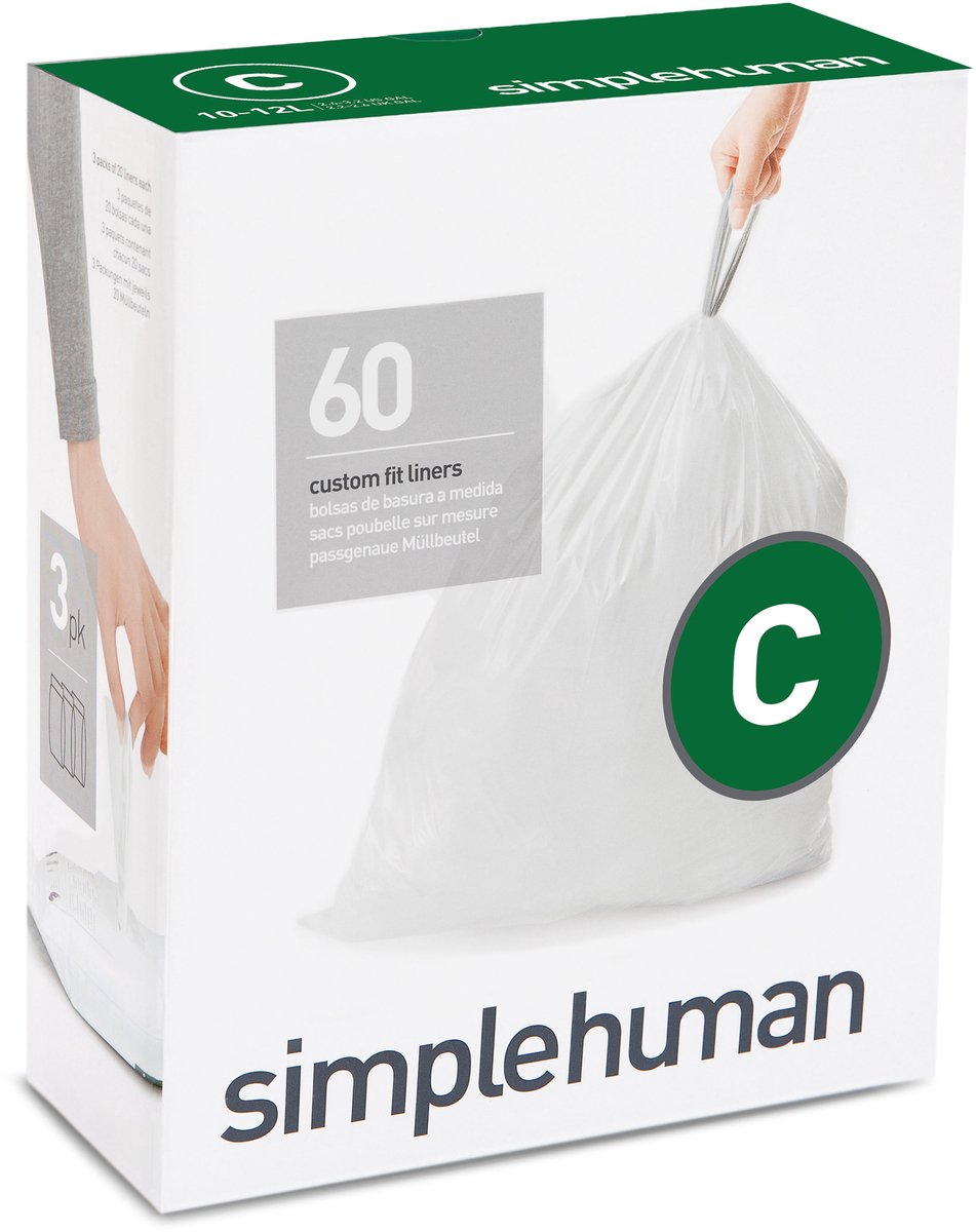 Bolsas de basura simplehuman code c - 12 litros - 60 piezas - con cordón - blanco