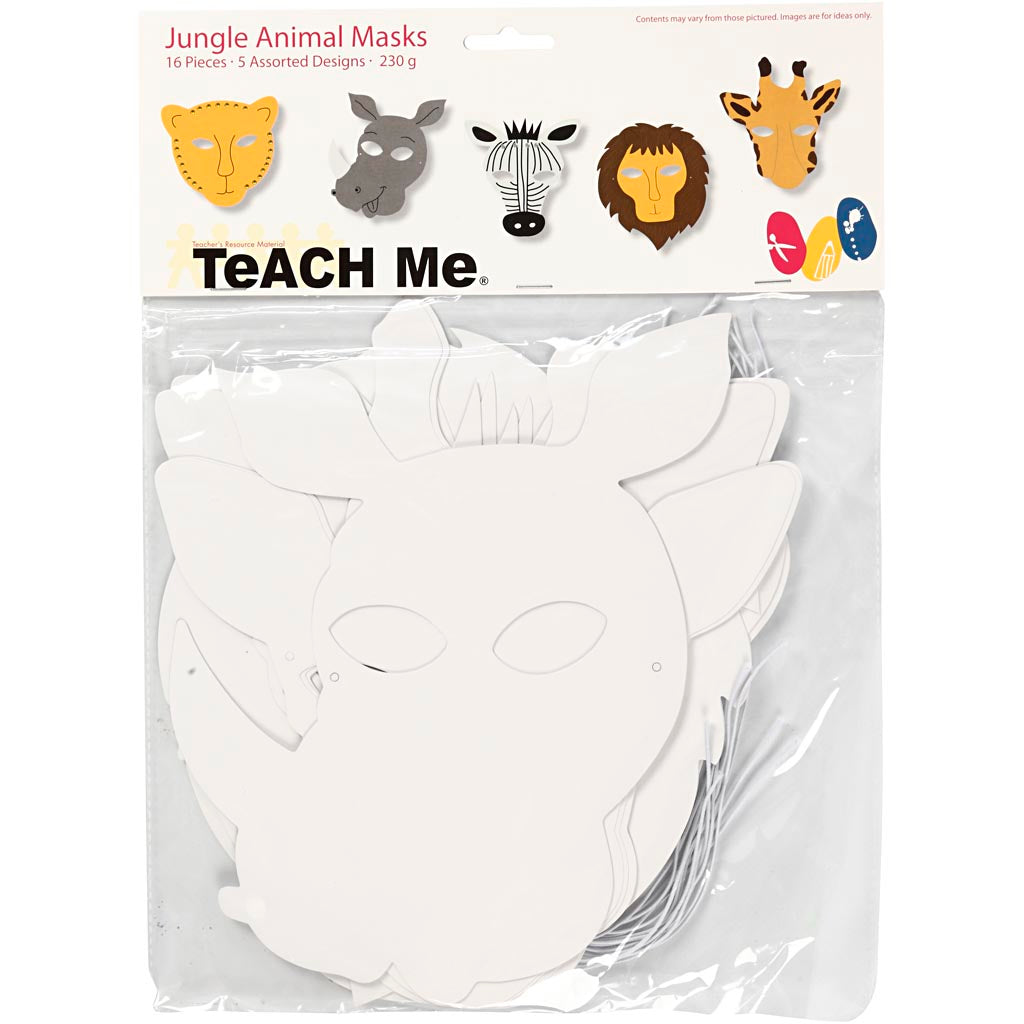 Creativ Company Jungled Animal Masks, H: 22.5-25 cm, B: 20.5-22.5 cm, 230 gr, blanco, 16 piezas 1 caja