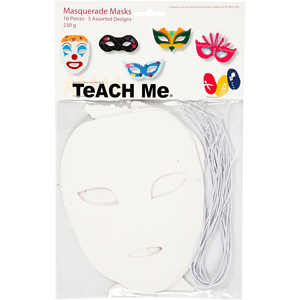 CREATIV COMPANY TEATRING MASKS, H: 8.5-19 cm, B: 15-20.5 cm, 230 gr, blanco, 16 piezas 1 caja