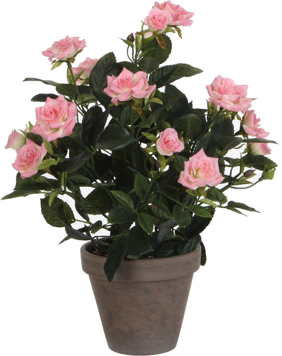 Decoraciones de mica planta artificial - rosas - rosa - en maceta gris - 33cm - rosa artificial