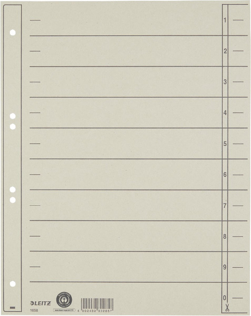 Leitz staffeltabblad karton - beschrijfbare tabs, 2 4-rings - voor ordners en ringbanden - grijs