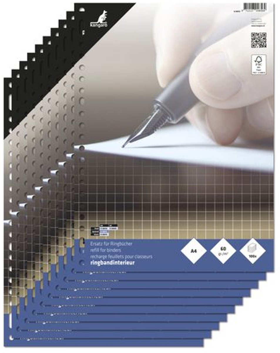 Kangaro ringbandinterieur a4 - ruit 10mm - 60 grams - 23-gaats - 10 sets - ringbandpapier