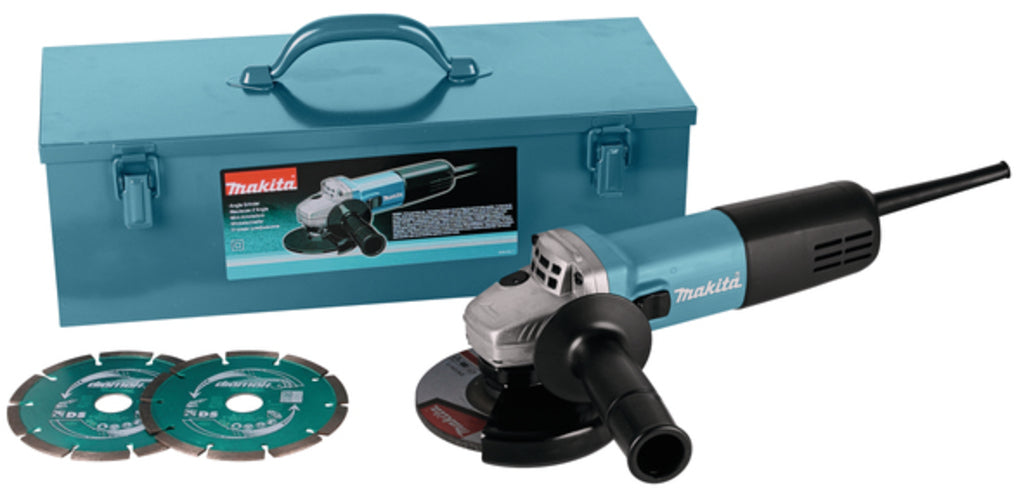 Makita 9558hnrgk3 | amoladora angular con interruptor de bloqueo | 230v | 125 mm | en caja de acero | incluido conjunto de accesorios