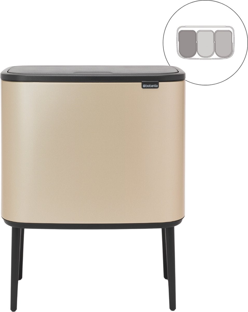 Brabantia bo touch bin prullenbak - 3 x 11 liter - afvalscheiding - metallic gold